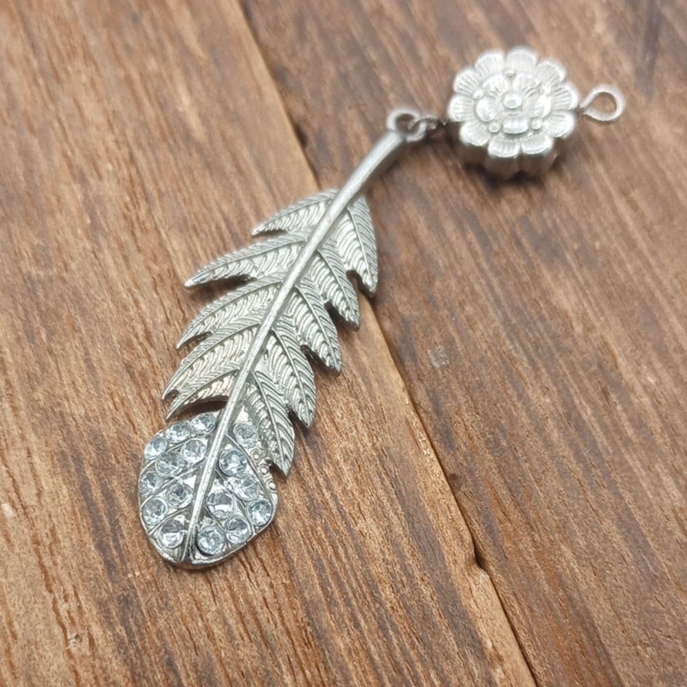 Silver Tone Glam Feather Crystal Drop Pendant - Women Jewelry P244